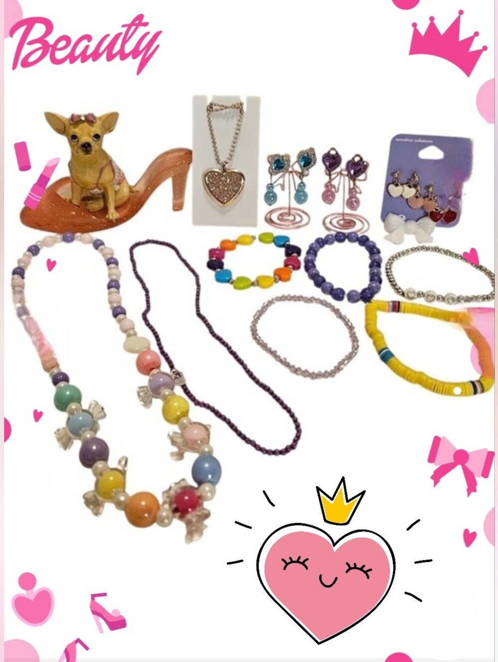 Multicolor Heart Themed Girl's Jewelry Bundle (14 Items)